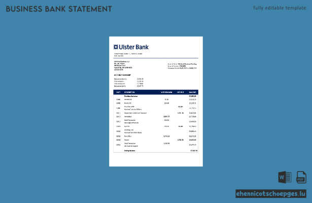 Beispiel eines Kontoauszugs vom Geschäftskonto der Irish Ulster Bank (Word- und PDF-Datei)